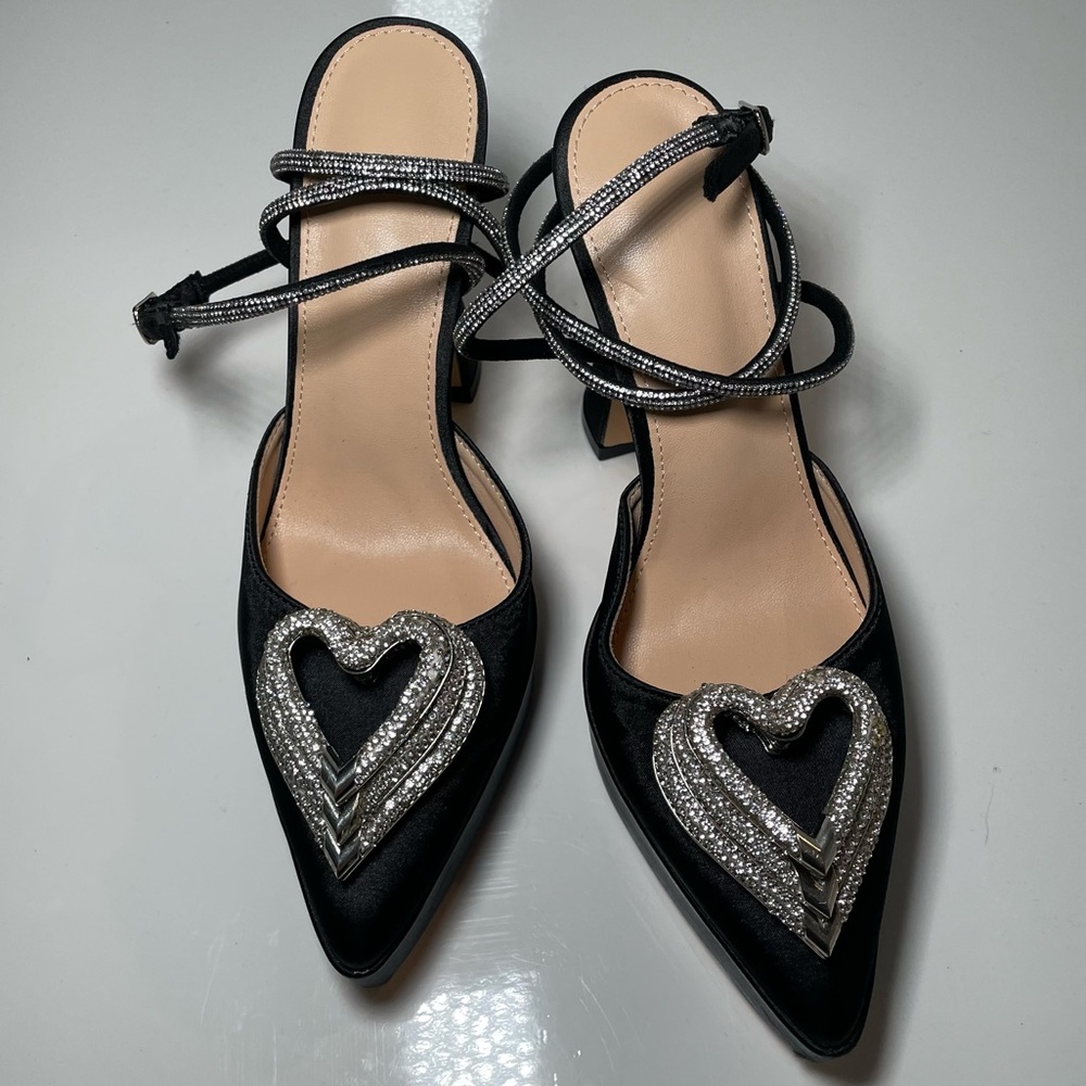 Black Satin Triple Heart Embellished Ankle Strap Pumps